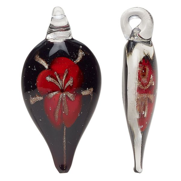 Focal, lampworked glass, clear / opaque red / opaque black, 35x21mm-40x22mm teardrop with flower and copper-colored glitter. Sold individually. image number 0