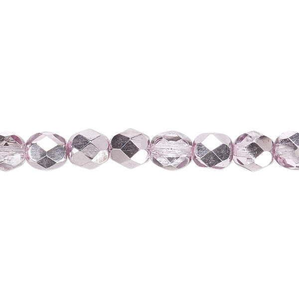 Bead, Czech fire-polished glass, clear with half-coat metallic pink silver, 6mm faceted round. Sold per 15-1/2" to 16" strand. image number 0