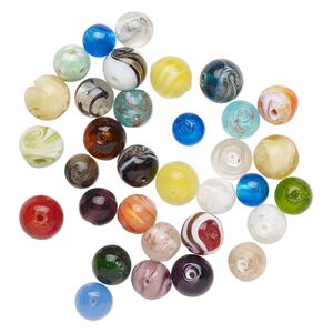 Bead mix, lampworked glass, pkg/4 ounces, opaque to transparent mixed colors with silver-colored foil and copper-colored glitter, 12-17mm round.