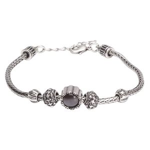 Bracelet, cat's eye glass and antique silver-finished "pewter" (zinc-based alloy), grey, 11.5mm wide, 6-1/2 inches with 1-1/2 inch extender chain and lobster claw clasp. Sold individually.