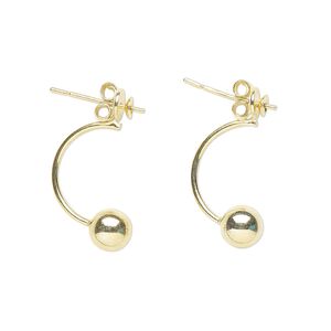 Earstud 1pkg2 sterling silver, 20mm / 2mm cup / 2-4mm peg / 4mm ball / earnuts / backlobe, 4-6mm round setting, gold-finished 1 pair