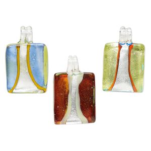 Random focal mix, lampworked glass, translucent mixed colors, 27x23mm-31x28mm rectangle with silver-colored foil. Sold per pkg of 3.