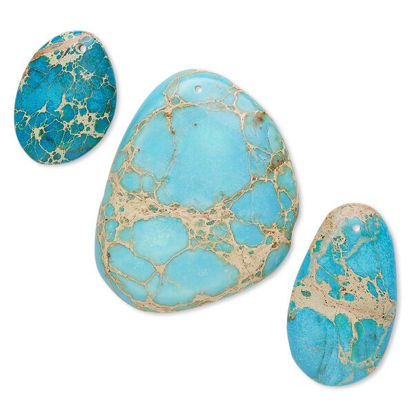 Focal mix, magnesite (dyed / stabilized), blue / green / blue-green, 34x24mm-88x42mm freeform, Mohs hardness 3-1/2 to 4. Sold per pkg of 3. image number 0
