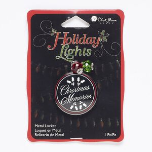 Focal, glass and silver-finished steel, multicolored, 38x31mm hinged round locket with "Christmas Memories" / holly berries / leaves design with 24mm round setting. Sold individually.