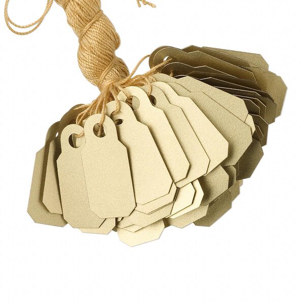 Tag, PVC plastic and cotton, gold, 4/5 x 2/5 inch. Sold per pkg of 100. image number 0