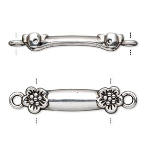 Link, antique silver-finished "pewter" (zinc-based alloy), 30x8mm double-drilled bar with flower design, fits up to 21.5mm bead. Sold per pkg of 10.