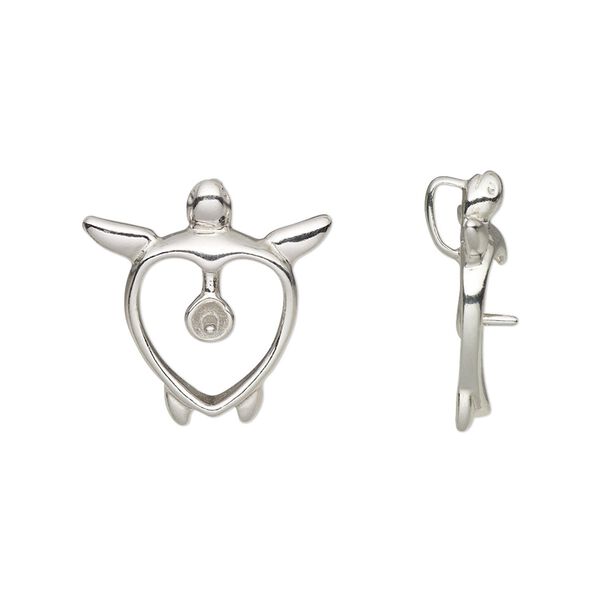 Pendant, sterling silver, 18.5x18mm single-sided open turtle with 4mm cup and 3mm peg with hidden bail, fits up to 10mm bead. Sold individually. image number 0