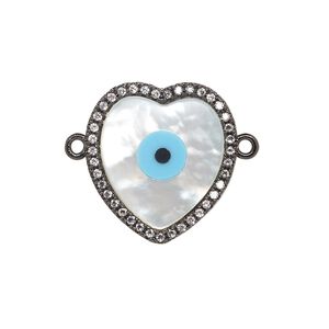 Link, black-finished brass / mother-of-pearl shell / cubic zirconia / resin, multicolored, 18x17mm single-sided heart with eye design. Sold individually.