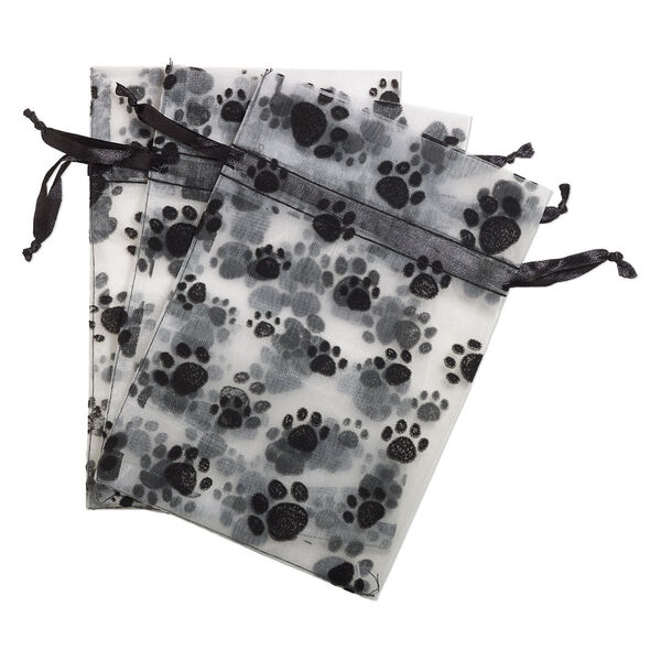 Pouch, satin and flocked organza, grey and black, 7x5-inch rectangle with paw prints design and drawstring. Sold per pkg of 12. image number 0