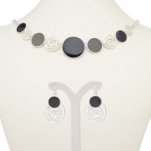 Necklace and earring set, enamel with silver-finished steel and "pewter" (zinc-based alloy), black and grey with glitter, matte round, 18-inch necklace with 2-inch extender chain and lobster claw clasp, 33mm earrings with leverback ear wire. Sold per set.