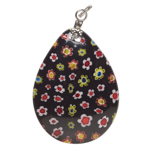 Focal, millefiori glass and silver-finished steel 1pkg1, opaque and translucent black and multicolored, 39x29mm-41x31mm puffed teardrop. image number 0