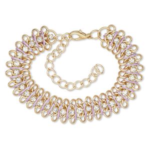 Bracelet, glass rhinestone / nylon / gold-finished brass / steel / "pewter" (zinc-based alloy), lavender and clear, 15mm wide, 6-1/2 inches with 3-inch extender chain and lobster claw clasp. Sold individually.