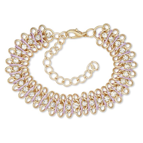 Bracelet, glass rhinestone / nylon / gold-finished brass / steel / "pewter" (zinc-based alloy), lavender and clear, 15mm wide, 6-1/2 inches with 3-inch extender chain and lobster claw clasp. Sold individually. image number 0