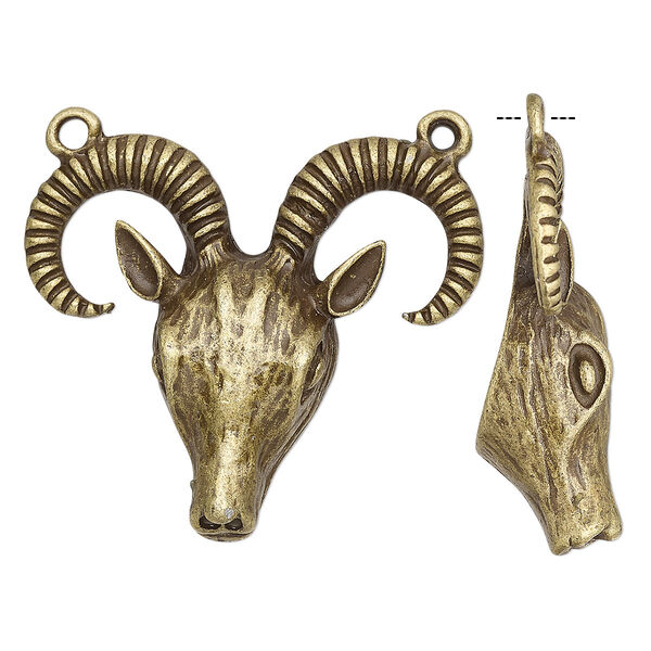 Focal, antique brass-plated "pewter" (zinc-based alloy), 38x35mm 3D ram. Sold individually. image number 0