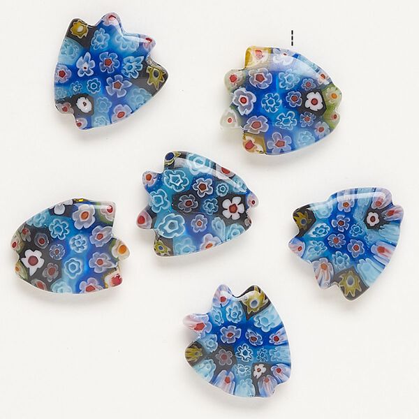 Bead, millefiori glass, translucent cobalt blue and multicolored, 19x15mm-19x18mm half-drilled puffed fish. Sold per pkg of 6. image number 0