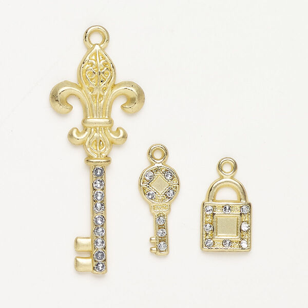 "Pewter" (zinc-based alloy) / glass rhinestone 1pkg3, key / padlock charm assortment matte gold-finished / clear 17x8mm / 45x18.5mm / 14x10mm image number 0