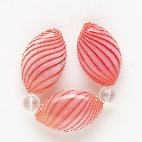 Bead 1pkg3 handblown glass, 26x16mm-27x17mm puffed marquise / line design, translucent white / red-orange image number 0