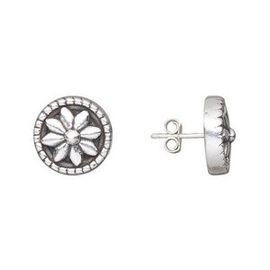 Earstud, antiqued sterling silver, electroformed, 12.5mm round with flower design and twisted rope edge. Sold per pair.