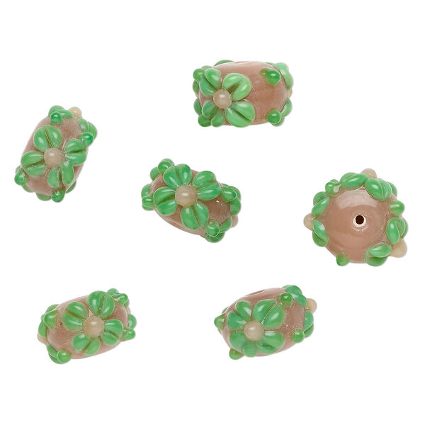 Bead, lampworked glass 1pkg6, opaque tan / green, 18x11mm rondelle with flowers. image number 0