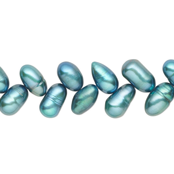 Pearl, cultured freshwater (dyed), teal, 8x5mm-11x6mm herringbone-drilled rice with 0.4-0.6mm hole, D grade, Mohs hardness 2-1/2 to 4. Sold per 14-inch strand. image number 0