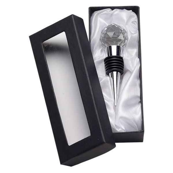 Bottle stopper, glass / rubber / silver-plated "pewter" (zinc-based alloy), clear, 3-1/2 x 1-1/4 inches with faceted round. Sold individually. image number 0