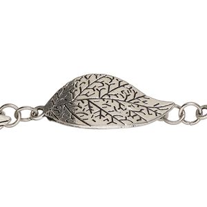 Link, antique silver-finished "pewter" (zinc-based alloy) and steel, 28x15mm textured curved leaf. Sold per pkg of 6.