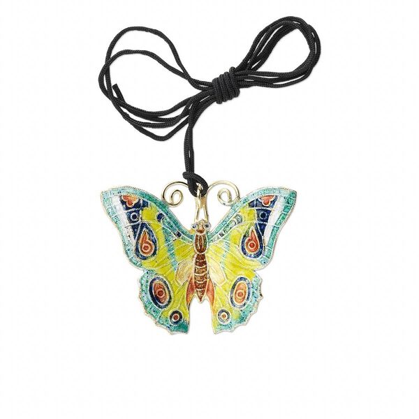 Focal, cloisonné and copper, purple / yellow / green, 49x38mm butterfly on adjustable black cord. Sold individually. image number 0