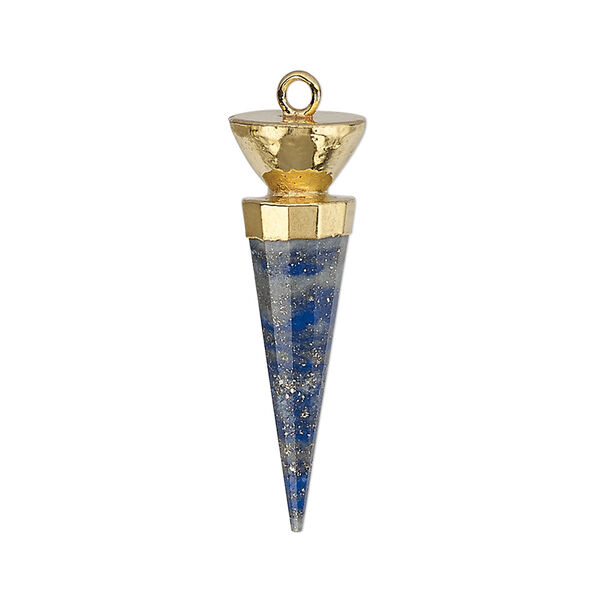Focal, lapis lazuli (natural) / electroplated gold / gold-plated sterling silver, 30x9.5mm-31x10mm hand-cut faceted point. Sold individually. image number 0