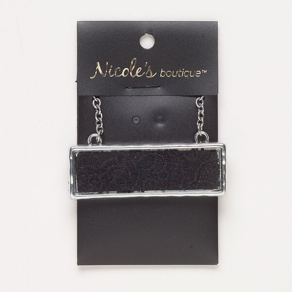 Necklace, glass / fabric / silver-finished "pewter" (zinc-based alloy) / steel, black, 61x21mm rectangle, 24 inches with lobster claw clasp. Sold individually. image number 0