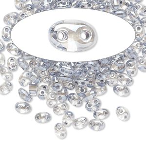 Seed bead, Preciosa Twin™ Czech glass, pkg/50g, 5x2.5mm oval, transparent light grey terra color-lined clear, (38642).