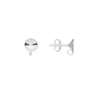 Earstud 1pkg10 sterling silver, 6mm cup / open loop / 8-10mm round glue-in setting, 5 pair