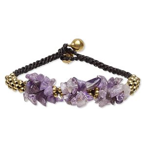 Amethyst / nylon / brass / steel 1pkg1, gold-finished chip bracelet natural 6.5-7.5 inch button clasp 19mm wide