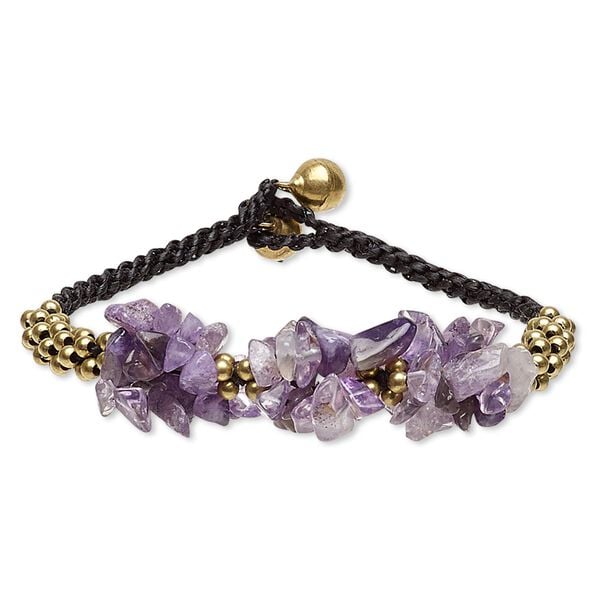 Amethyst / nylon / brass / steel 1pkg1, gold-finished chip bracelet natural 6.5-7.5 inch button clasp 19mm wide image number 0