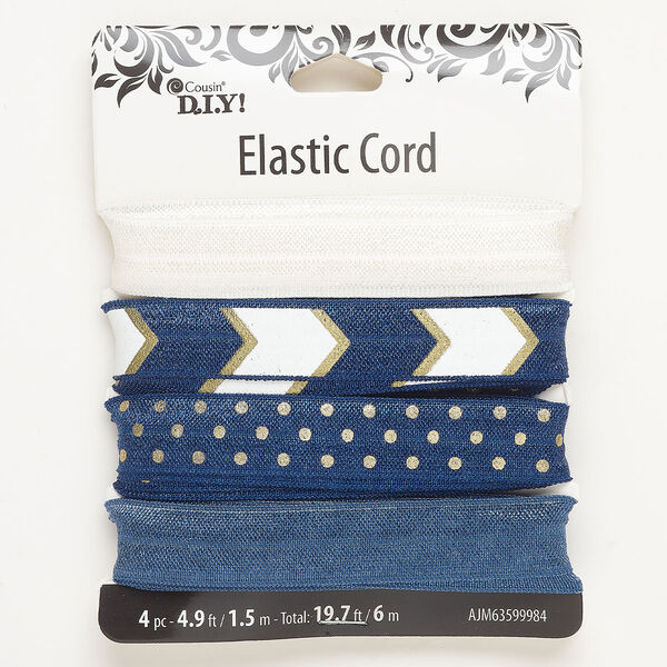 Ribbon, elastic and nylon, pkg/(4)1.5m, blues/white/gold, 15mm flat. image number 0