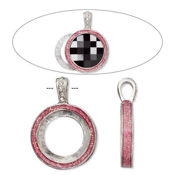 Pendant, Almost Instant Jewelry®, epoxy / crystals / imitation rhodium-finished "pewter" (zinc-based alloy), rose pink and crystal clear with glitter, 33x24mm single-sided with 20mm round setting. Sold individually. image number 0