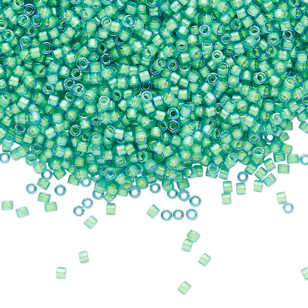 Seed bead, Delica®, glass, pkg/7.5g, #11 round, translucent luminous inside dyed color green (DB-2053). image number 0