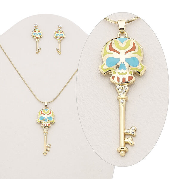 Necklace and earring set, enamel / Czech glass rhinestone / gold-plated brass, multicolored, 63x24mm skull key, 15" to 16" necklace with 2-inch extender chain and lobster claw clasp, 2-inch earrings with post. Sold per set. image number 0