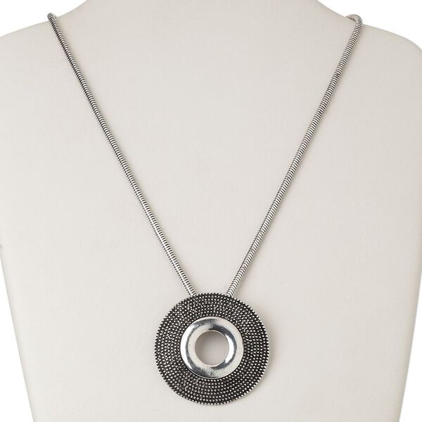 Necklace, antiqued silver-finished "pewter" (zinc-based alloy) and steel and/or brass, 53mm beaded open flat round, 20 inches with lobster claw clasp and 3-1/2 inch extender chain. Sold individually. image number 0
