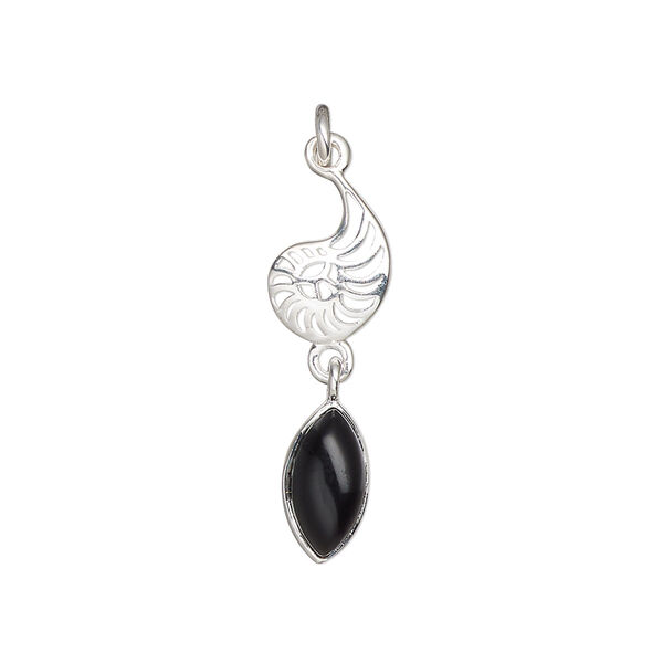 Black onyx / sterling silver 1pkg1, antiqued nautilus drop 26x8mm image number 0