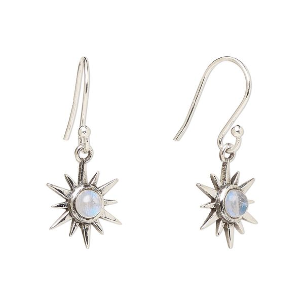 Earring, Create Compliments®, antiqued sterling silver and rainbow moonstone (natural), fishhook, 27mm with 12mm single-sided star, 21 gauge. Sold per pair. image number 0