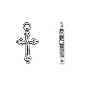 Drop, antique silver-plated "pewter" (zinc-based alloy), 18x11mm double-sided cross. Sold per pkg of 10.