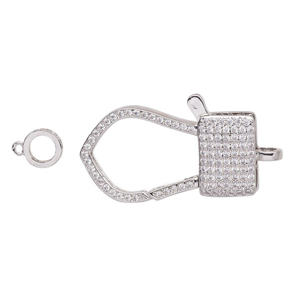 Clasp, lobster claw, cubic zirconia and silver-plated brass, clear, 33x18.5mm double-sided with 8mm ring. Sold individually. image number 0