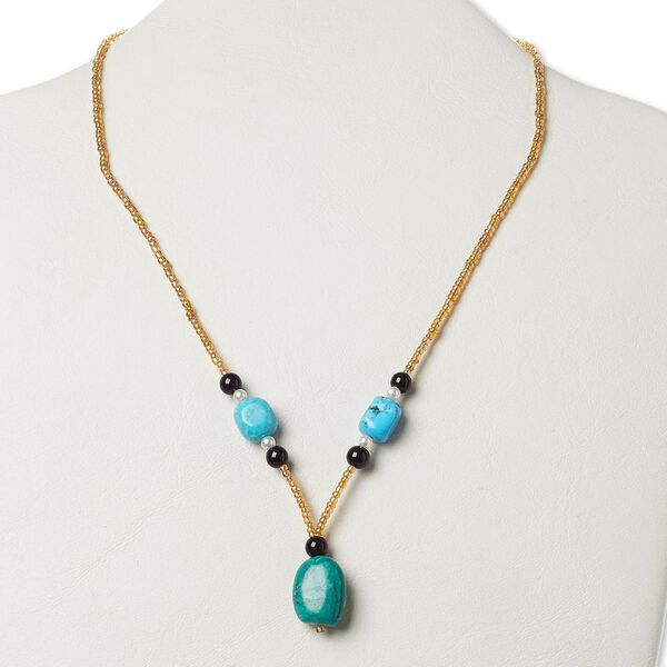 Magnesite / glass / "pewter" (zinc-based alloy) 1pkg1, silver-finished / antiqued gold-finished nugget necklace / AB 17 inch / lobster claw clasp / medium image number 0