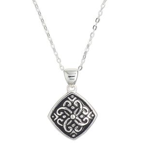 Necklace, Create Compliments®, sterling silver and enamel, black, 15.5mm diamond with dot and swirl design, adjustable at 18 and 20 inches with springring clasp. Sold individually.