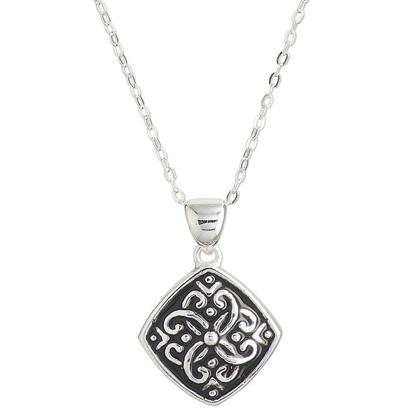 Necklace, Create Compliments®, sterling silver and enamel, black, 15.5mm diamond with dot and swirl design, adjustable at 18 and 20 inches with springring clasp. Sold individually. image number 0