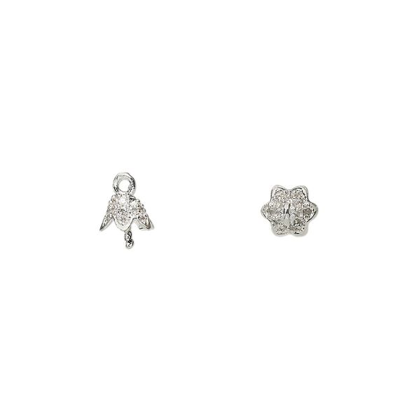 Cup, silver-finished brass and glass rhinestone, clear, 6mm flower cup with 3mm peg, fits 6-8mm bead. Sold individually. image number 0