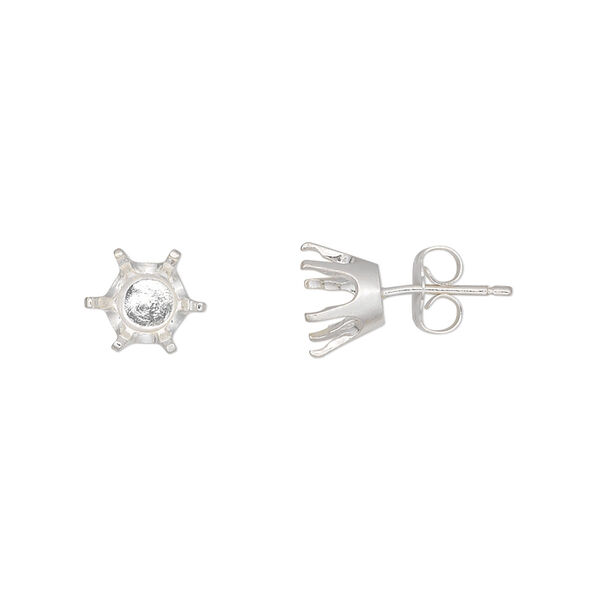 Earstud, Sure-Set™, sterling silver, 7mm 6-prong round setting. Sold per pair. image number 0