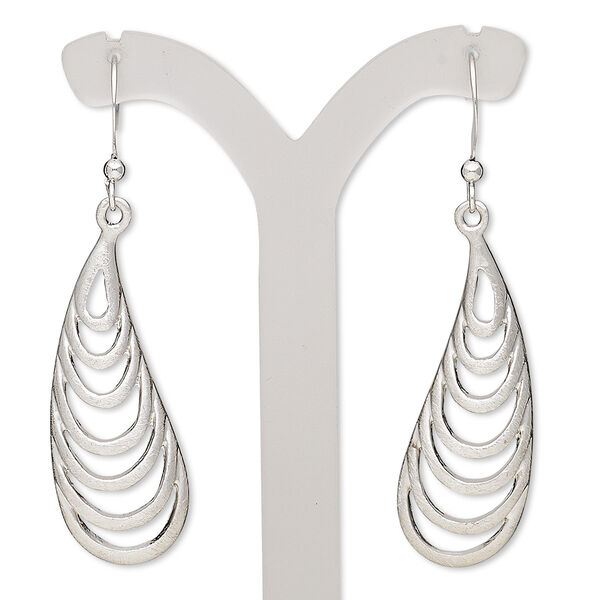 Earring, imitation rhodium-plated brass and "pewter" (zinc-based alloy), 2 inches with brushed curved teardrop and cutout design with fishhook ear wire. Sold per pair. image number 0