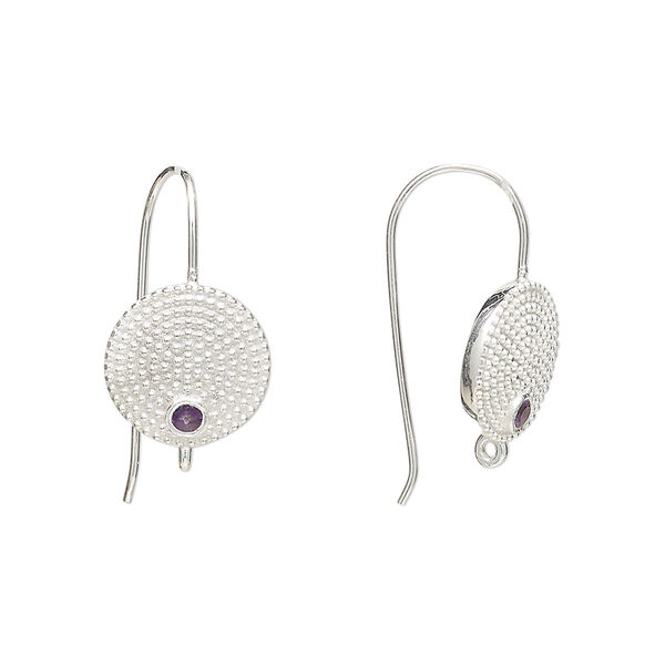 Sterling silver / amethyst 1pkg2, textured flat round ear wire natural, fishhook / closed loop 22 gauge 20mm / 11mm image number 0
