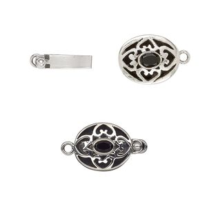 Clasp tab 1pkg1 sterling silver / black onyx, 18x15mm oval / 6x4mm faceted, 1-strand